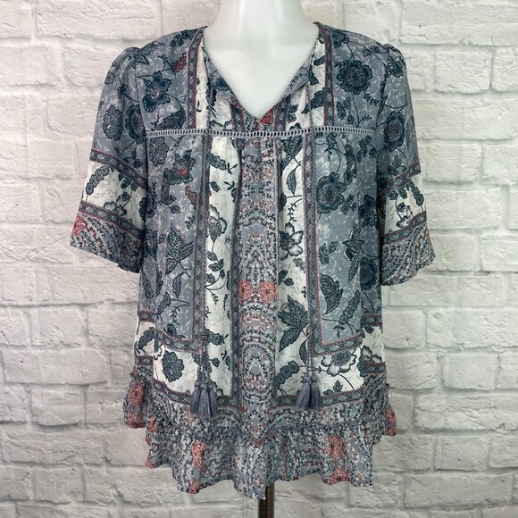 Knox Rose Tops - Knox Rose Top XS Boho Floral Blue Short Sleeve Sheer Tie-Neck Blouse Women's